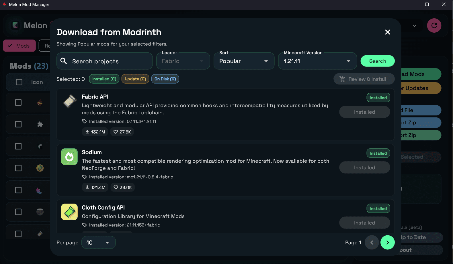 Melon Mod Manager screenshot showing the Modrinth download dialog